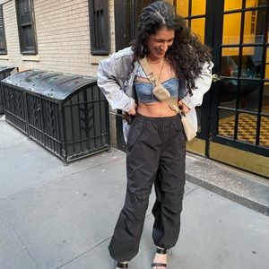 Bloomingdale’s aqua high rise parachute pants